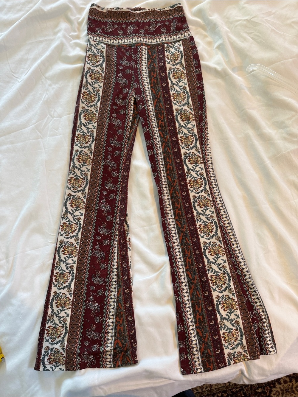 Shosho Boho Paisley & Striped Flare Pants in Burgundy, Rust, Cream